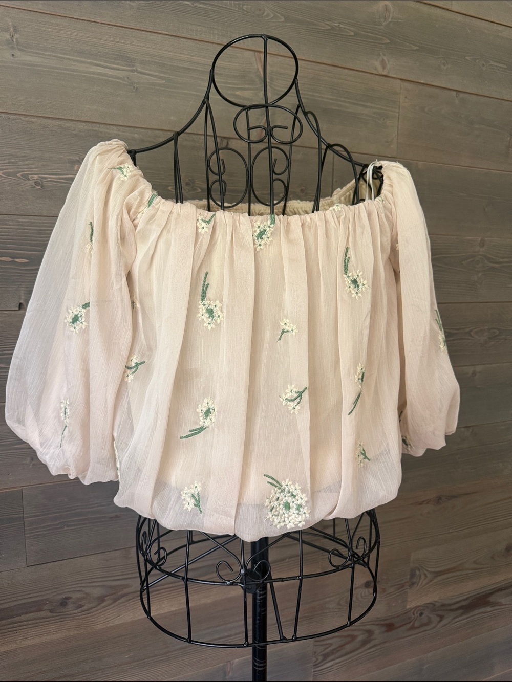 Off-Shoulder Cream Floral Embroidered Women's Top - Picture 4 of 5